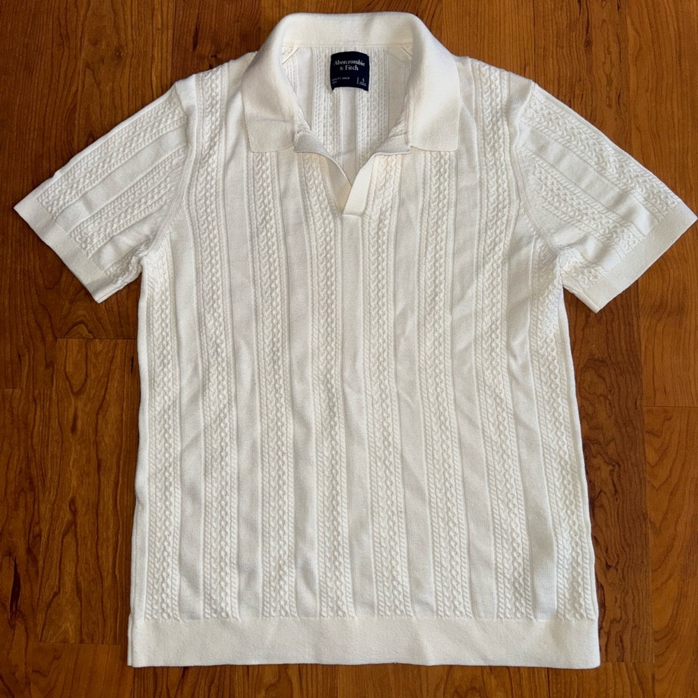 Abercrombie & Fitch Mercerized Cotton Cable-Knit Polo Shirt - White/cream size S